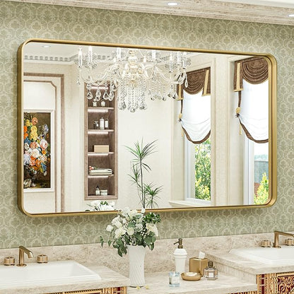 TokeShimi Gold Bathroom Mirror for Wall 48 x 30 Inch Metal Rounded Corner Rectangle Mirror Wall Mirror in Aluminum Alloy Metal Frame Deep Set Design Hangs Horizontal Or Vertical