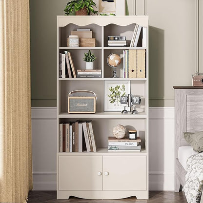 LINSY HOME 5 Shelf Bookcase Wooden, 63" Tall Bookshelf with Doors, Open Floor Standing Cube Shelf Bookcase Libreros, Beige Modern Book Shelf for Bedroom, Living Room, Home Office, White Oak