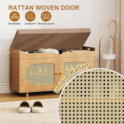 Rattan Shoe Storage Bench,Bamboo Entryway Bench, 2-Tier Shoe Rack,35.4" W x 12.6" D x 19.7" H with 2 Doors & Padded Seat Cushion for Entryway, Living Room, Bedroom, Natural