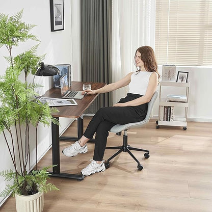 YOUNIKE Grey Home Office Desk Chair with Wheels Ergonomic Comfy Armless Vanity Chair with Back Modern Leather Upholstered Rolling Task Chair Small Cute Computer Drafting Sewing Chair Swivel Adjustable