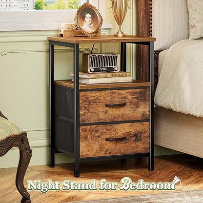 Huuger Night Stand with 2 Drawers, Bed Side Table with Open Shelf, Wooden Top, Nightstand for Bedroom, End Table for Small Space, Fabric Drawer, Rustic Brown