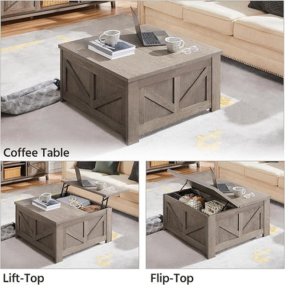 Yaheetech Lift Top Coffee Table, Square Farmhouse Coffee Table with Hidden Storage Compartment, Wood Center Table for Living Room, Home Office, Gray