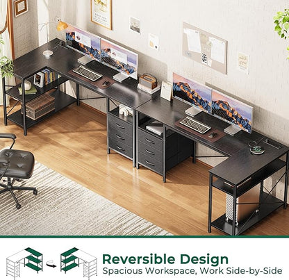 Huuger L Shaped Office Desk with Power Outlets, 55 Inch Computer Desk with 3 Drawers, Shelves, Reverisble for Gaming Corner Work Home Office Study, Black
