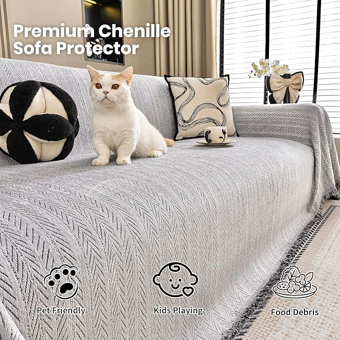 Nobildonna Sofa Cover Washable Soft Thicken Chenille Couch Cover with Tassel,Waterproof Sofa Slipcover for 2-3 Cushion Couch,Sectional Sofa,L-Shaped Furniture Protector Pet-Friendly,Gray 71"x118"