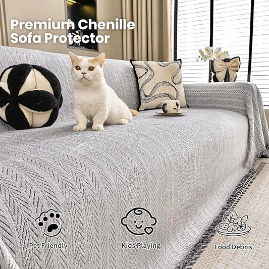 Nobildonna Sofa Cover Washable Soft Thicken Chenille Couch Cover with Tassel,Waterproof Sofa Slipcover for 2-3 Cushion Couch,Sectional Sofa,L-Shaped Furniture Protector Pet-Friendly,Gray 71"x118"