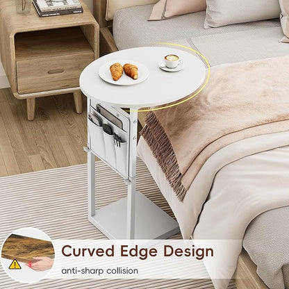 Vagusicc C Shaped End Table, Adjustable Height Small Side Table for Couch and Recliner, 32" Tall Couch Side Table Slide Under Sofa Tray Desk with Storage Bag for Living Room and Bedroom, White