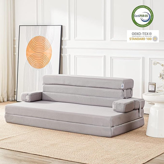 Sleep 4 Inch Foldable Mattress, Portable Floor Mattress Couch with Headrest, Washable Cover, Foldable Foam Couch Queen for Guest Bed, Folding Sofa Bed, Camping, Road Trip, Dark Grey