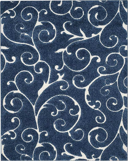 SAFAVIEH Area Rug 8x10 - Florida Shag Collection - Large - Dark Blue & Cream, Scroll Design, Non-Shedding & Easy Cleaning, Plush Thick Pile, Ideal for Living Room, Bedroom, Dining Space (SG455-6511)