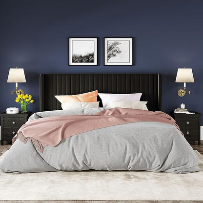 Allewie King Size Velvet Bed Frame/Vertical Channel Tufted Wingback Headboard/Upholstered Platform Bed/Strong Wooden Slats/No Box Spring Needed/Easy Assembly/Black