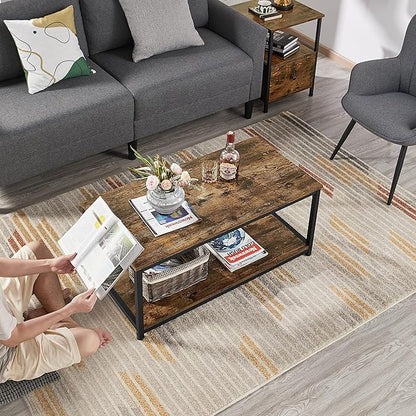 Yaheetech 2-Tier Coffee Table, Industrial Wood Coffee Table with Storage Shelf for Living Room, Rectangle Side End Table with Metal Frame, Rustic Brown