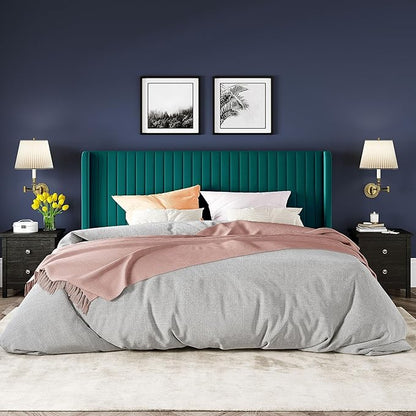 Allewie King Size Bed Frame/Velvet Upholstered Platform Bed/Vertical Channel Tufted Wingback Headboard/Strong Wooden Slats/No Box Spring Needed/Easy Assembly/Teal