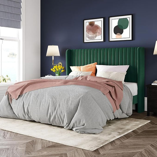 Allewie Full Size Bed Frame/Velvet Upholstered Platform Bed/Vertical Channel Tufted Wingback Headboard/Strong Wooden Slats/No Box Spring Needed/Easy Assembly/Green
