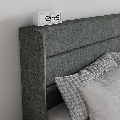 SHA CERLIN King Size Lift Up Storage Bed/Modern Wingback Headboard/Upholstered Platform Bed Frame/Hydraulic Storage/No Box Spring Needed/Wood Slats Support/Dark Grey