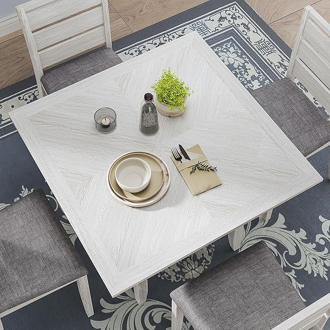 5-Piece Solid Wood Dining Table Set for 4, Modern Breakfast Dinette Kitchen Table with Bench & Chairs for Dining Room, Kitchen, Grey
