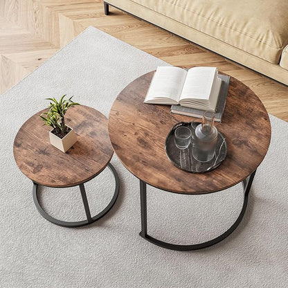 Round Coffee Table Set of 2 for Living Room,Black Small Coffee Table Living Room Table,Nesting Tables Metal Frame/Wood,Sturdy/Easy Assembly,Stacking Side Tables Bedroom,Rustic Brown