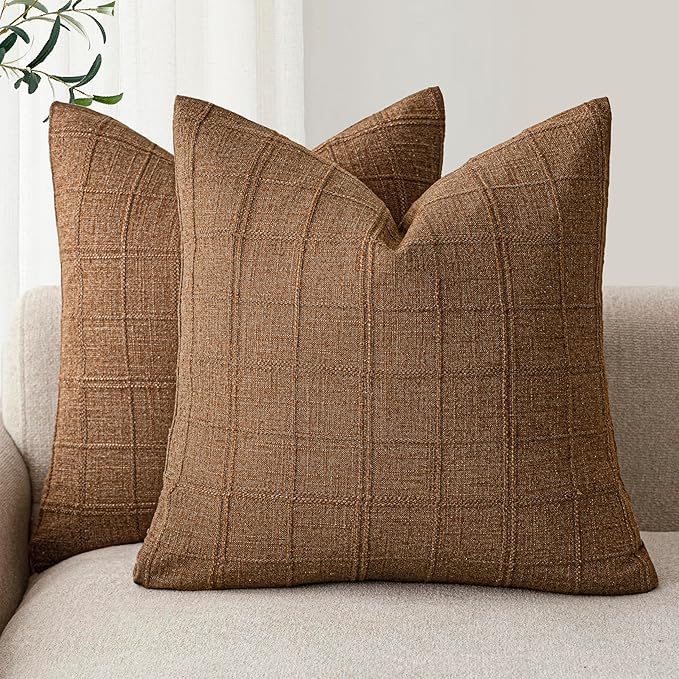 Foindtower Set of 2 Decorative Linen Check Throw Pillow Covers Neutral Farmhouse Vintage Cushion Covers Modern Boho Home Decor for Sofa Chair Couch Bedroom Living Room Outdoor,18×18 Inch,Brown Hazel
