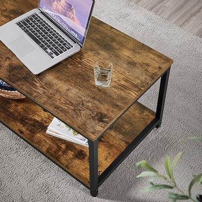 Yaheetech 2-Tier Coffee Table, Industrial Wood Coffee Table with Storage Shelf for Living Room, Rectangle Side End Table with Metal Frame, Rustic Brown