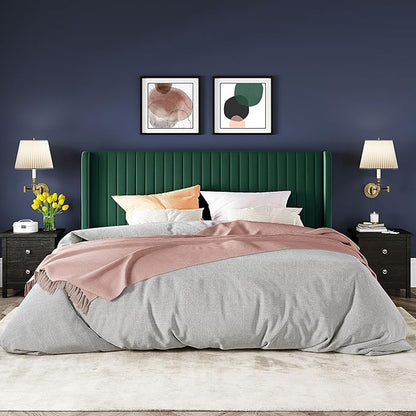 Allewie King Size Bed Frame/Velvet Upholstered Platform Bed/Vertical Channel Tufted Wingback Headboard/Strong Wooden Slats/No Box Spring Needed/Easy Assembly/Green