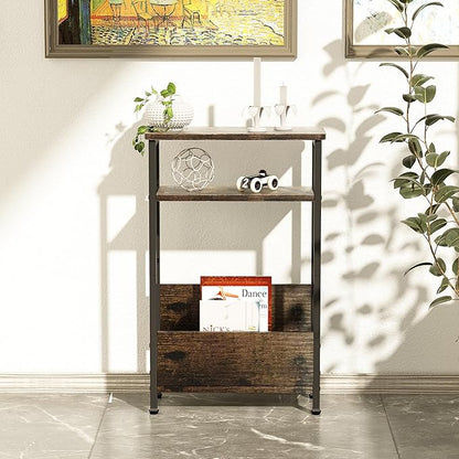 7.1" Narrow Side Table for Small Spaces, 3 Tier Small End Table with Magazine Holder, Slim/Skinny Nightstand/Bedside Table for Living Room, Bedroom, 15.4" L x 24.2" H