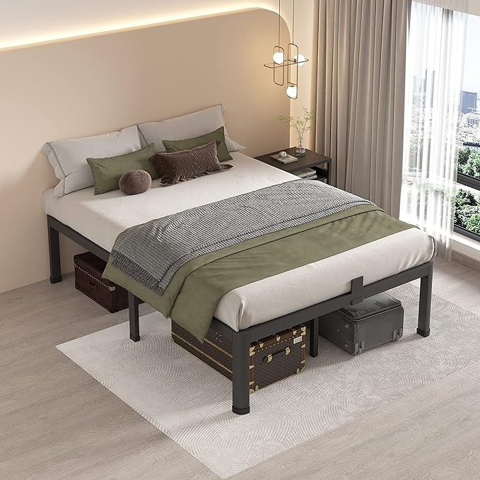 MAF 20 Inch Queen Size Bed Frame with Round Corner Legs Mattress Slide Stopper No Box Spring Needed Heavy Duty Metal Platform Bed Frames Under-Bed Storage Space, 3000 LBS Steel Slats Support