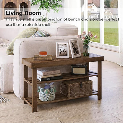 SMIBUY Bamboo Shoe Rack Bench, 3-Tier Shoe Organizer Storage Shelf for Entryway Hallway Bathroom Living Room (Walnut)