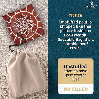 Marrakesh Gallery Genuine Leather Round Pouf Cover - Handmade Moroccan Ottoman Footstool, Unstuffed Footrest - Boho Decor - Bohemian Living Room, Bedroom, Kids Room - Housewarming Gift & Wedding