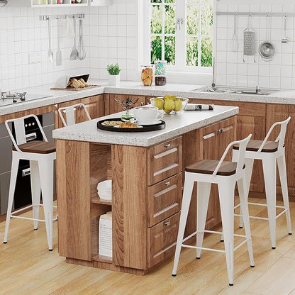 WENTMENT Metal Bar Stools Set of 4 Counter Height Stools Barstools with Removable Back 24" Kitchen Bar Stools with Wooden Seat, White