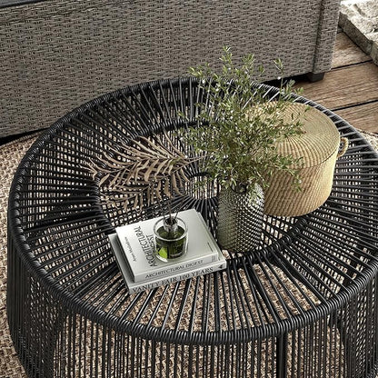 Muse & Lounge Co. Ysar Boho Rattan Round Coffee Table Outdoor with Metal Frame, All-Weather and Rust Resistant, Handcrafted Coastal Furniture for Patio, Poolside, Garden, Yard, Black