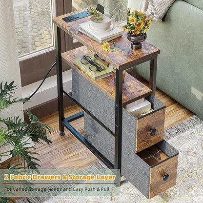 TIQLAB End Table with Charging Station, Narrow Side Table with 2 Fabric Drawers, Nightstand with LED Light, Slim Bedside Table for Bedroom, Living Room, Small Spaces, Brown