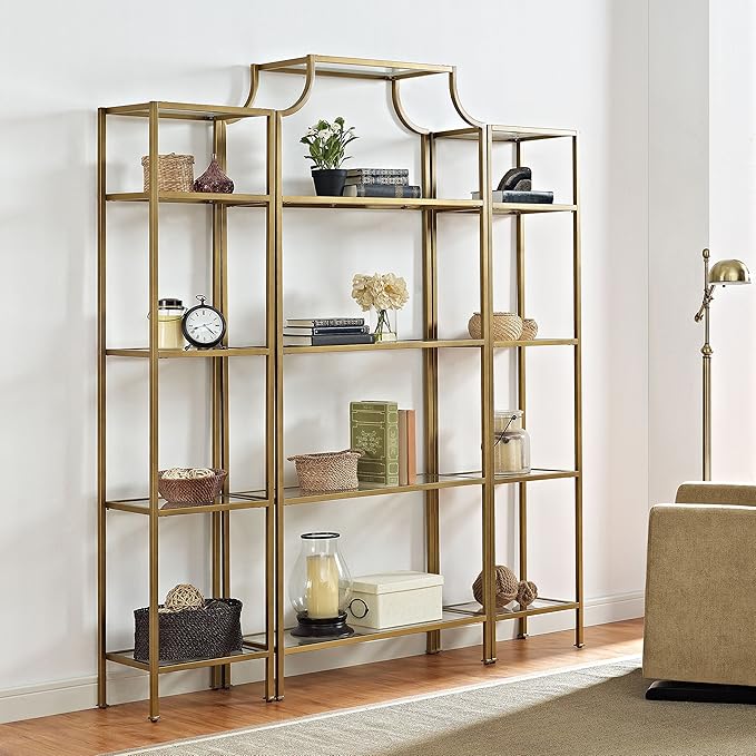 Crosley Furniture Aimee 3-Piece Bookshelf Set with Glass Shelves, Bookcase Storage, Gold and Glass