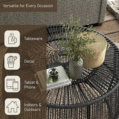 Muse & Lounge Co. Ysar Boho Rattan Round Coffee Table Outdoor with Metal Frame, All-Weather and Rust Resistant, Handcrafted Coastal Furniture for Patio, Poolside, Garden, Yard, Black