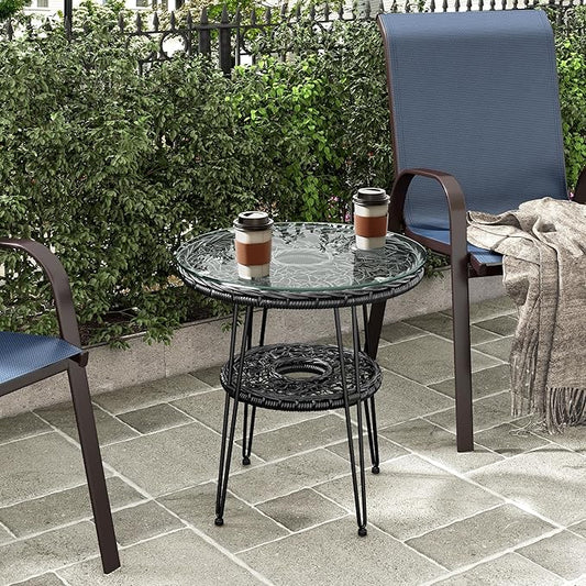 Muse & Lounge Co. Ysar Boho 19-inch Round Coffee Table Outdoor with Tempered Glass Top and Metal Frame, Handcrafted Coastal Furniture for Patio, Poolside, Garden, Yard, Black