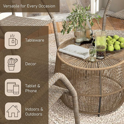 Muse & Lounge Co. Ysar Boho Rattan Round Coffee Table Outdoor with Metal Frame, All-Weather and Rust Resistant, Handcrafted Coastal Furniture for Patio, Poolside, Garden, Yard, Natural Brown