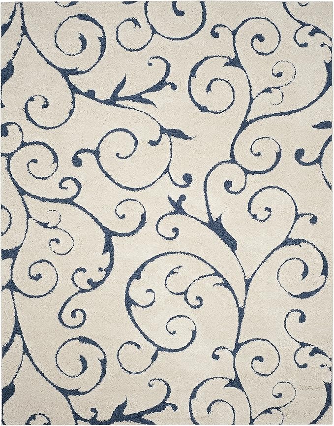 SAFAVIEH Area Rug 8x10 - Florida Shag Collection - Large - Cream & Blue, Scroll Design, Non-Shedding & Easy Cleaning, Plush Thick Pile, Ideal for Living Room, Bedroom, Dining Space (SG455-1165)