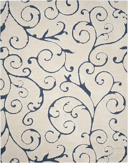 SAFAVIEH Area Rug 8x10 - Florida Shag Collection - Large - Cream & Blue, Scroll Design, Non-Shedding & Easy Cleaning, Plush Thick Pile, Ideal for Living Room, Bedroom, Dining Space (SG455-1165)