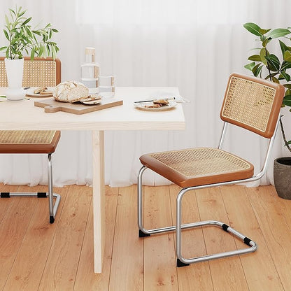 Rattan Dining Chairs Set of 2 Mid Century Modern Dining Room Chairs with Natural Rattan Woven Backrest with Metal Legs, Brown